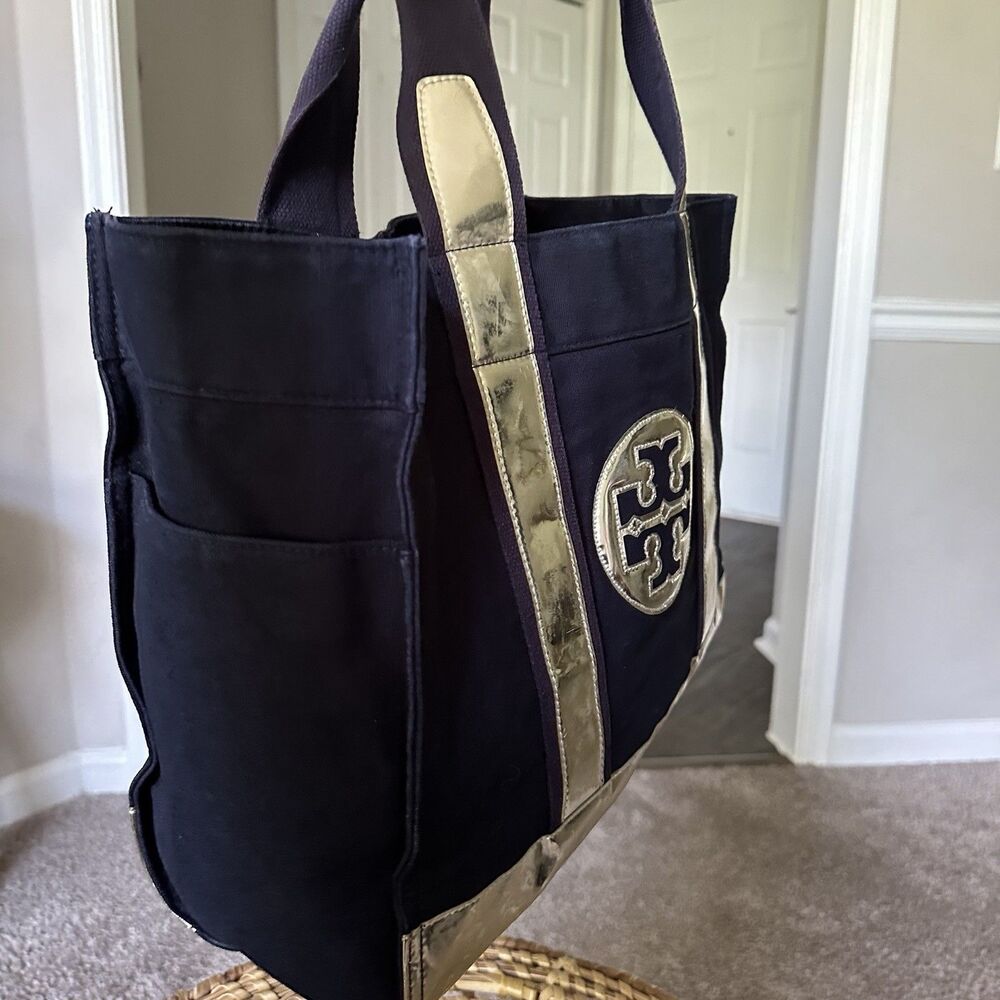 TORY BURCH Large Canvas Tote Navy Blue Shopper Bag Metallic Top Handle - Picture 12 of 16